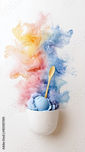 Blue Ice Cream with Colorful Smoke and Wooden Spoon