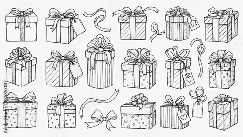 Hand-Drawn Gift Boxes Collection - Festive Presents with Ribbons and Bows.