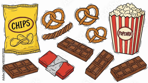 Assortment of classic snack foods including chips, pretzels, popcorn, and chocolate bars.