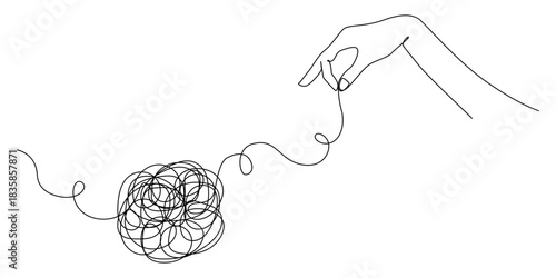 Continuous one line drawing of mental health concept with hand and tangled ball. Symbol of confused mind and problems eps 10