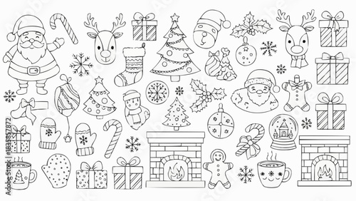 Christmas Doodles Collection with Santa Claus Reindeer Gifts and Festive Ornaments.