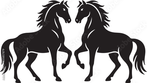 Two majestic black horses facing each other in a stylized graphic