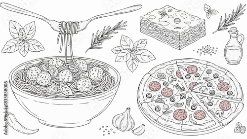 Delicious Italian Cuisine Collection Hand-Drawn Sketch with Spaghetti, Pizza, and Lasagna.