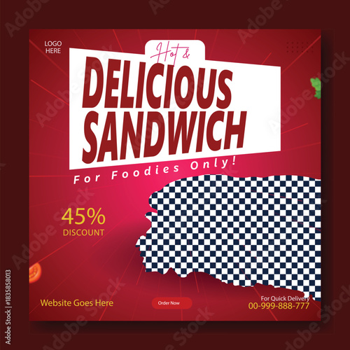 A vibrant and appetizing advertisement for a delicious sandwich featuring fresh ingredients and a special offer
