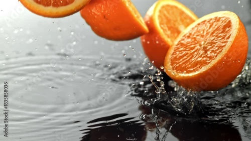 Orange slices fall on a wet surface. Filmed on a high-speed camera at 1000 fps. High quality FullHD footage