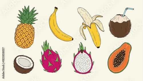Tropical Fruit Medley - Pineapple, Banana, Coconut, Dragon Fruit, and Papaya.