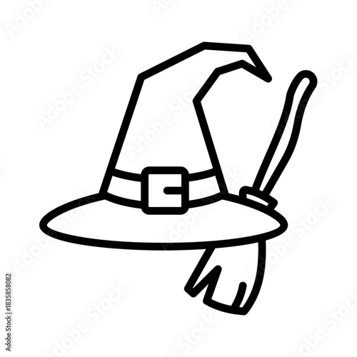 Minimalist vector outline illustration depicting a traditional witch's pointed hat with a buckle and a classic broom, evoking the spirit of Halloween, magic, and mystical folklore for seasonal designs