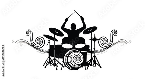 Dynamic silhouette of a drummer performing with energetic swirls