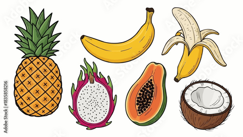 Tropical Fruit Medley - Pineapple, Bananas, Dragon Fruit, Papaya, and Coconut.