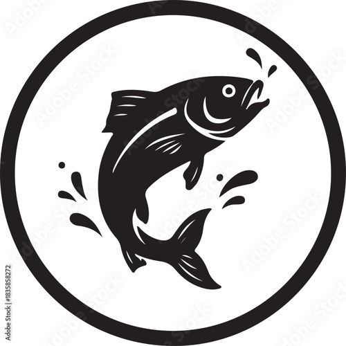 A black and white illustration of a jumping fish within a circular frame