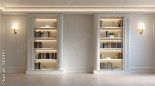 Elegant interior design featuring modern bookshelves with warm lighting, showcasing a minimalist aesthetic in a sophisticated room