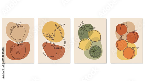Minimalist Abstract Fruit Art Prints Set - Modern Neutral Kitchen Wall Decor