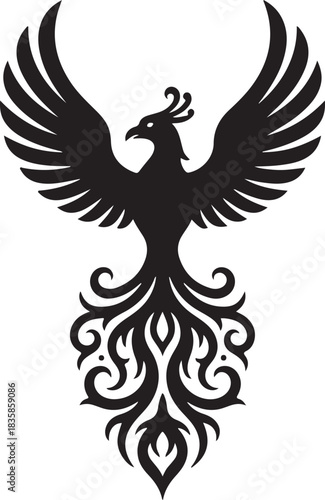 A striking black and white illustration of a phoenix rising from flames