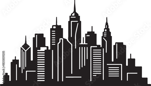 A striking black and white silhouette of a modern city skyline