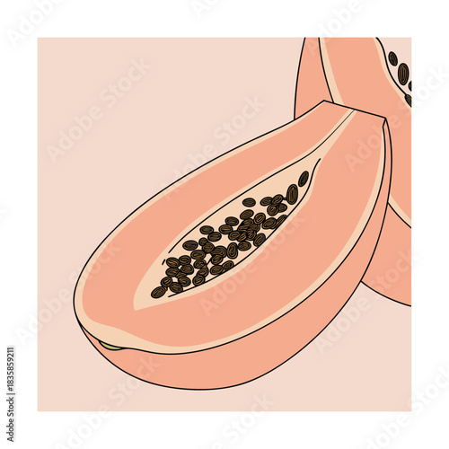 Illustration of a ripe papaya fruit cut in half lengthwise, showcasing its vibrant orange flesh and numerous small black seeds against a pale pink background