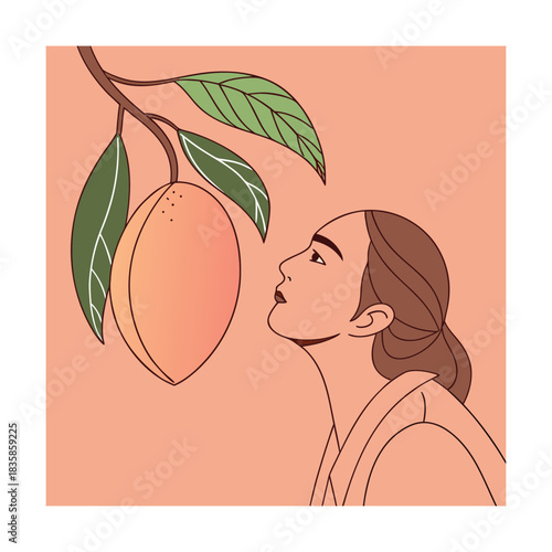 A woman in profile gazes upward at a large, ripe piece of fruit, possibly a mango or peach, hanging from a leafy branch against a solid muted background in a stylized illustration