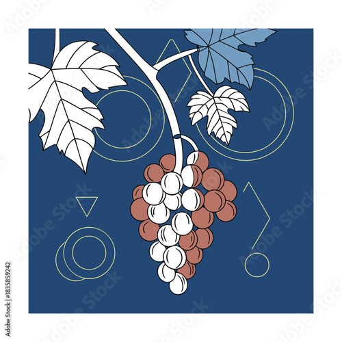 Stylized illustration of a ripe bunch of red and white grapes hanging from a vine branch with leaves against a deep blue background featuring abstract geometric line art shapes