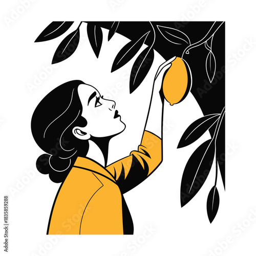 Woman reaching up to pick a ripe lemon from a tree branch in a stylized black and yellow illustration with high contrast