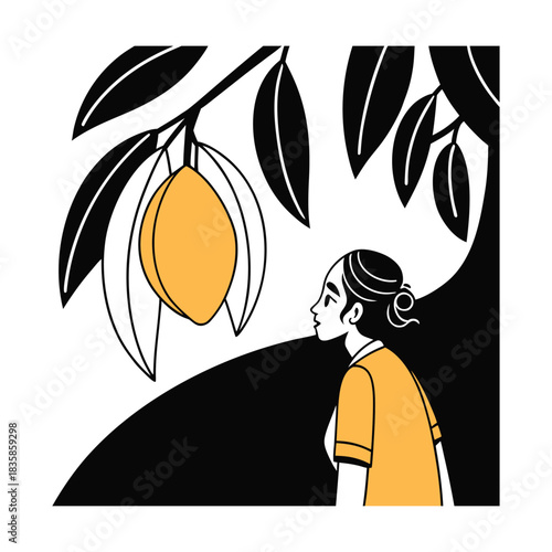 Stylized illustration of a woman looking up at a large, ripe lemon hanging from a tree branch with dark leaves, featuring a bold, graphic, black and yellow design