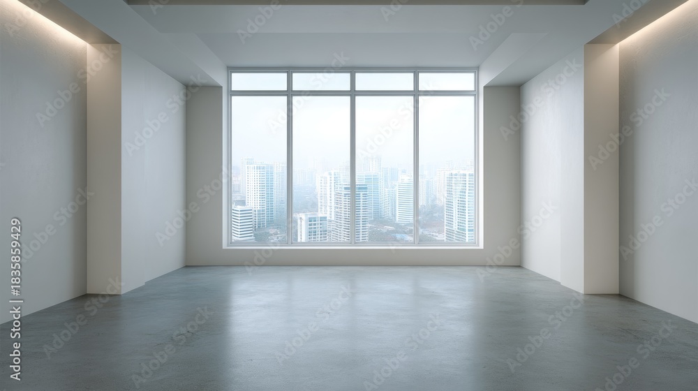 Fototapeta premium Bright, Minimalist Interior of an Empty Room with Large Windows Overlooking a Cityscape, Ideal for Modern Architecture and Interior Design Photography