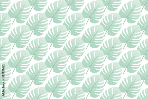 Seamless vector pattern of Monstera leaves in soft pastel green tones, designed in a minimal and modern botanical style. Perfect for textiles, wallpapers, packaging, fabric prints.