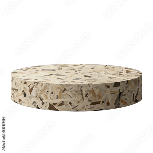 Circular terrazzo pedestal on black background.