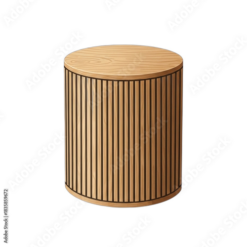 Cylindrical Wooden Side Table with Vertical Slats.