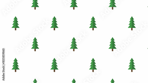 A flat lay of various sized green pine trees arranged on a white background.