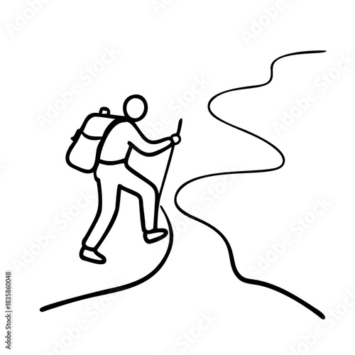 Continuous line art drawing of a person with a backpack hiking up a winding path, symbolizing adventure, progress, and overcoming challenges