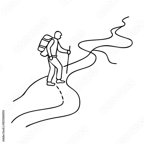 Continuous line art drawing of a person with a backpack hiking up a winding path, symbolizing adventure, progress, and overcoming challenges