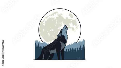 Illustration of a wolf howling at the moon, set against a backdrop of pine trees