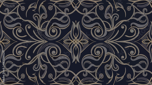 Intricate gold floral pattern on a dark blue background with ornate swirling designs and a central star motif.
