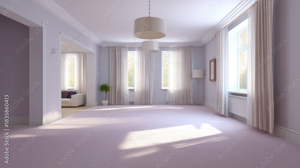 Fototapeta premium Bright and Spacious Living Room with Minimalistic Decor, Soft Color Palette, Large Windows, and Natural Light Inviting Serenity and Comfort