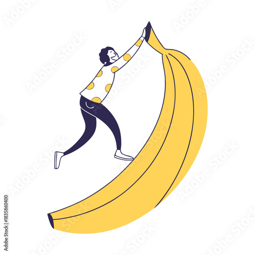 A stylized illustration of a person climbing a giant yellow banana, symbolizing effort, challenge, or achieving a goal, isolated on