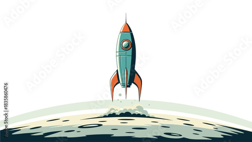 Vibrant retro rocket illustration blasting off into the vast unknown from a textured lunar landscape, symbolizing a new journey and ambitious beginnings