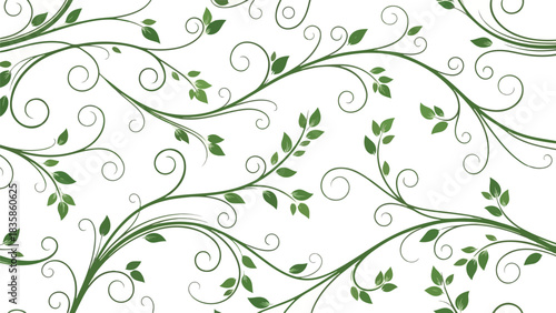 Illustration of green vine stems with leaves swirling across a white background in a decorative pattern.