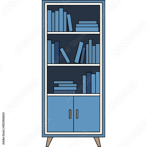 Tall Blue Bookshelf With Many Books On Shelves And Two Doors At The Bottom With A Simple Modern Design