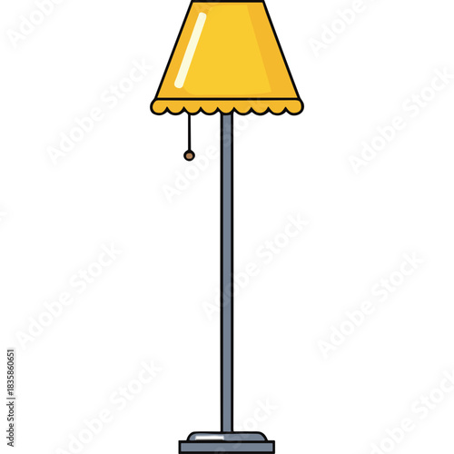 Tall Floor Lamp With Yellow Shade And Ornate Scalloped Edge Standing On A Grey Base With A Simple Pull Chain Detailed Illustration Against A Black Background