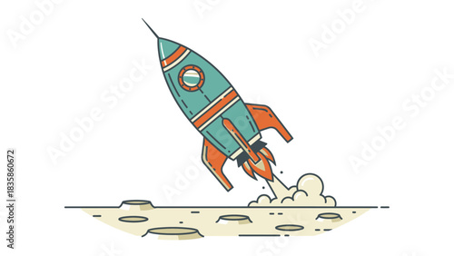 Illustration of a rocket launching from a lunar surface with a trail of smoke and flames