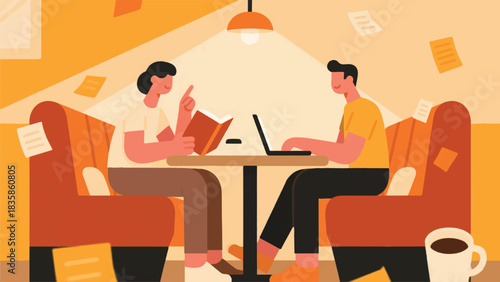 Illustration Of Two Friends Seated Opposite Each Other In A Cozy Cafe Booth Vector Design Template