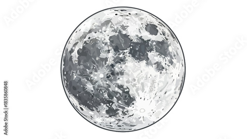 Monochrome vector drawing of the Earth's moon, showing its cratered lunar surface. A symbol of space exploration, the night sky, and cosmic mystery