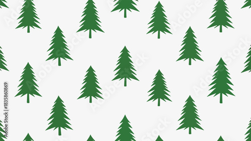A seamless pattern of green pine trees on a white background, with varying sizes and orientations, creating a simple and natural design.
