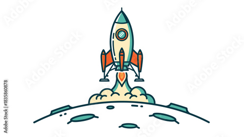 Dynamic rocket launch illustration depicting a vibrant startup concept, symbolizing innovation, future growth, and successful new beginnings on an extraterrestrial surface