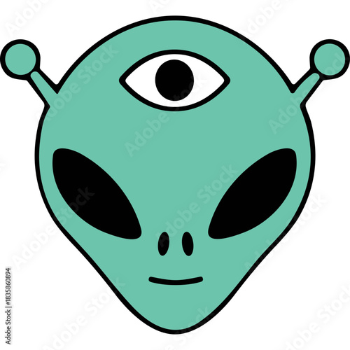 Teal Alien Head With Third Eye and Antennae Isolated on Black Background Simple Flat Illustration