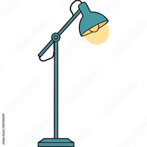 Teal Floor Lamp with Adjustable Head and Warm Yellow Light Bulb Illuminating Against a Black Background Modern Home Office Decor and Lighting Element