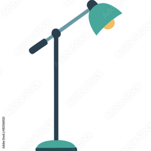 Teal floor lamp with adjustable arm and circular base illuminating with a warm orange light against a stark black background creating a modern minimalist aesthetic