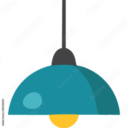 Teal Hanging Pendant Light Fixture with Yellow Bulb and Dark Gray Canopy Against a Black Background Simple Illustration Style