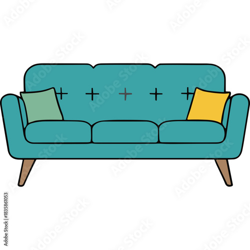 Teal Mid Century Modern Sofa With Two Accent Pillows And Wooden Legs Isolated On A Black Background With Subtle Plus Sign Detailing