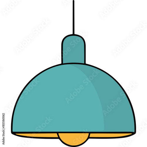 Teal Pendant Light Fixture With Warm Orange Glow Illuminating Interior Space With Simple Clean Design And Dark Outline On Black Background