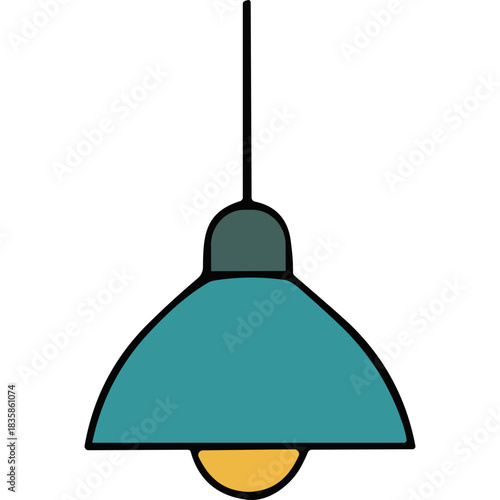 Teal Pendant Light Fixture with Yellow Bulb Hanging from Black Cord Modern Simple Illustration Isolated on Black Background Minimalist Design